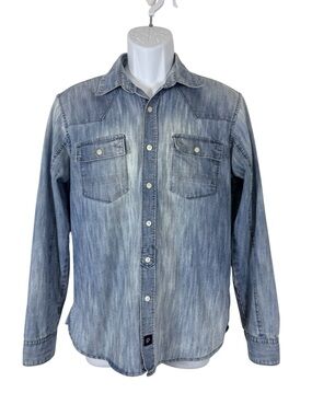 Silver Plate Jeans Co Slim Fit Denim Shirt Button Front Western Chambray Top SzS
